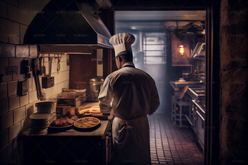 Obraz premium Back view chef cooking meal in the kitchen. Canteen or restaurant kitchen.