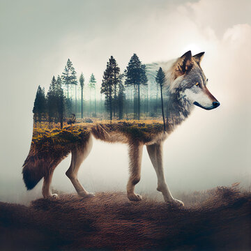 A Photograph Of A Forest Overlaid With An Image Of A Wolf. Generative AI