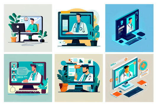 set vector illustration of computer screen with doctor international health day