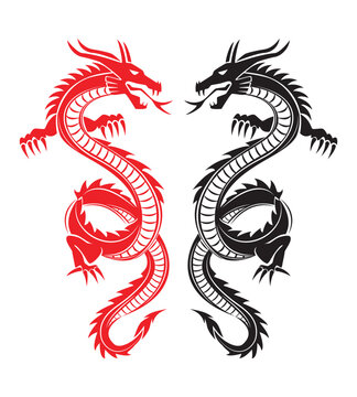 Line art vector of Chinese dragon or loong long or lung drawing in red and black