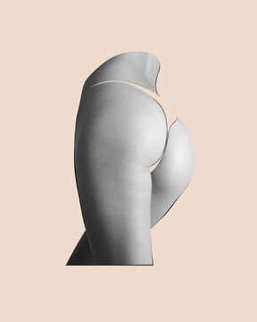 Body art, aesthetics. Human beauty. Cropped body part of female butocks isolated over light pastel background. Skincare, bodycare, healthcare concept. Female beauty as it is. Poster, banner