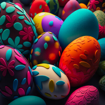 Generative AI image of multicolored Easter eggs with colorful decorations