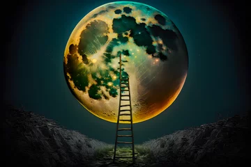 Afwasbaar Fotobehang Volle maan en bomen Night sky with moon and step ladder. Generative AI
