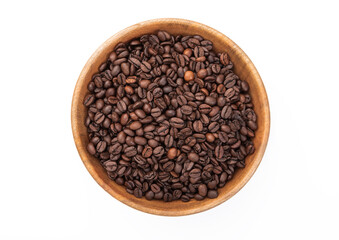Fresh raw aroma coffee beans in wooden plate on white background.