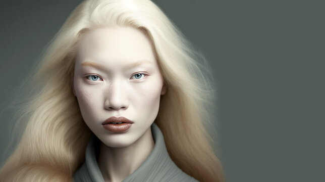 illustrazione di bellissima modella albina dai capelli bianchi, bellezza inclusiva, stile foto di beauty, generata con intelligenza artificiale, sfondo verde grigio, occhi penetranti, crema, pelle, AI
