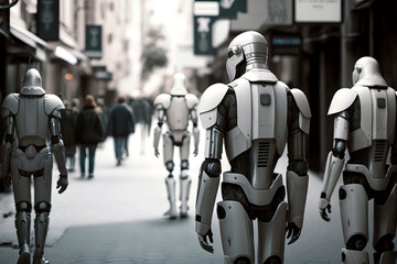 Generative AI illustration of male cyborgs standing together in row and looking away in modern futuristic city against blurred buildings