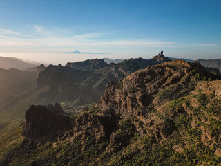 Aerial View of Mountains with Roque Nublo and Mount Teide in the Background in Gran Canaria, Spain