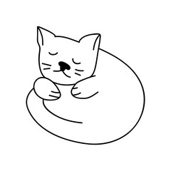 Single hand drawn cat sleeps in a funny pose. Vector illustration in doodle style. Isolated on a white background.