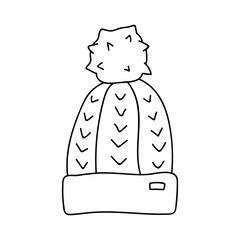 Single hand drawn hat with pompon. Vector illustration in doodle style. Isolate on a white background.