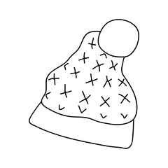 Single hand drawn hat with pompon. Vector illustration in doodle style. Isolate on a white background.