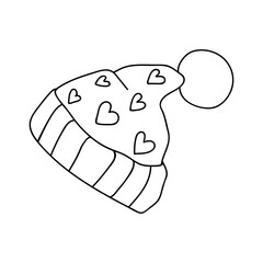 Single hand drawn hat with pompon. Vector illustration in doodle style. Isolate on a white background.