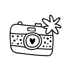 Flash camera, shooting equipment. Digital technology. Vector illustration in doodle style. Isolate on a white background. © anngirna