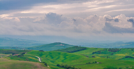 view of the green hills of Tuscany, Val D'orcia valley.
