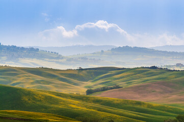 view of the green hills of Tuscany, Val D'orcia valley.