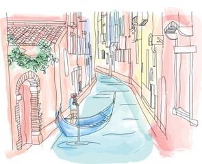 Venetian gondolier punting gondola through green canal waters of Venice Italy, vector illustration for social media, poster, magazine © Aleksandra