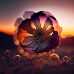 A Photograph Of A Flower Overlaid With An Image Of A Sunset, Creating A Beautiful And Dreamy Composition. Generative AI