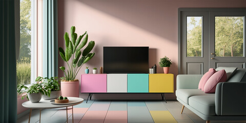 TV cabinet and modern minimal interior design on empty pastel wall background. Generative AI.