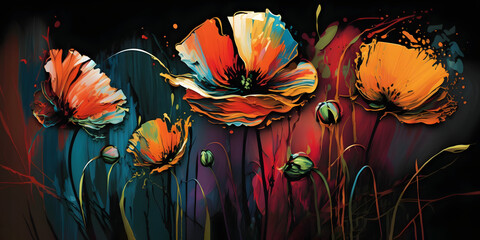 Expressive Abstract Poppies, Captivating Brushstroke Art in Vibrant Colors
