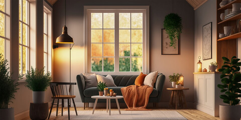 Cozy modern style living room with sunlight shines into the room. Minimalism interior design 3D render. Generative AI.
