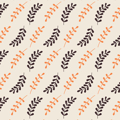 Cute seamless pattern of plant twigs in autumn colors. Botanical Floral Herb print for posters, cards, clothes, nursery. Decoration of flower shops. Vector illustration