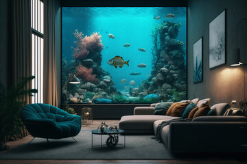 A living room filled with furniture and a large aquarium, Generative AI