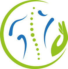 Obraz premium Person, Hand und Wirbelsäule, Chiropraktiker, Orthopädie, Massage, Logo, Hintergrund