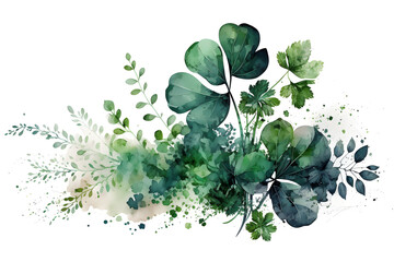 Fototapeta premium St Patrick Day background, green clover leaf, shamrock, watercolor, plants made with Generative AI