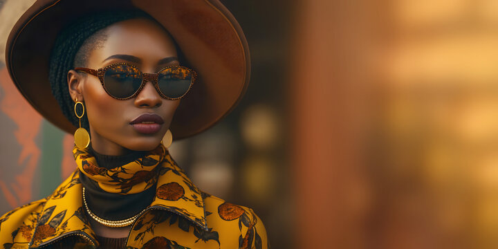 Stylish, Luxurious Black Woman With Sunglasses And Big Sun Hat, Fashion Ad Banner With Copy Space, Generative AI