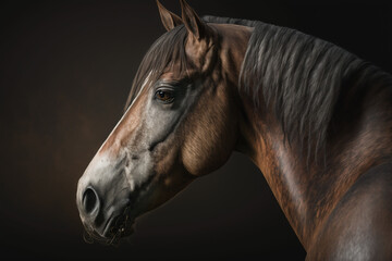 A portrait of a horse in front of a dark background, Generative AI
