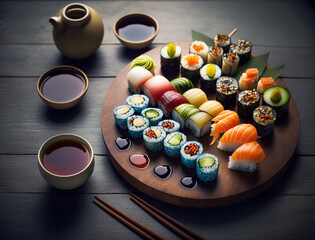 beautifully arranged sushi platter, with each roll topped with a different type of raw material
