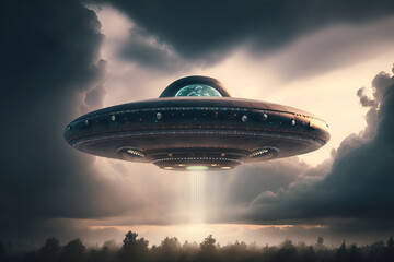A large alien ship flying through a cloudy sky, Generative AI