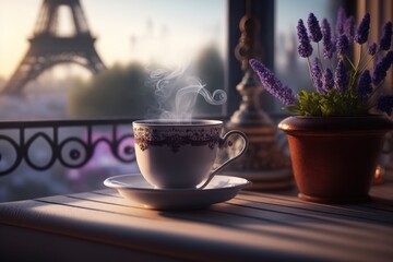 A cup of hot tea or coffee on a balcony in Paris with the Eiffel Tower in the background. Photorealistic illustration generated by AI.