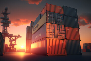 Fototapeta premium The sun is setting behind a large stack of shipping containers, Generative AI
