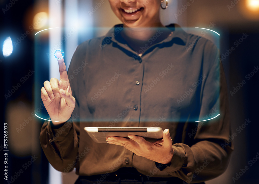 Poster Futuristic, business hud and woman with tablet in future technology and digital overlay data in virtual reality. Hands on biometric cyber system hologram, innovation and ux design user in vr office.