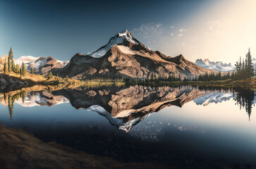 A mountain is reflected in the still water of a lake, Generative AI