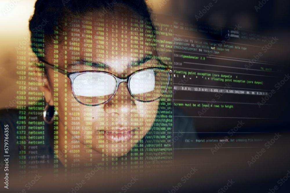 Poster Computer hologram, script and woman programming software server or coding future cybersecurity. Night programmer face, virtual cloud computing script or African coder reading machine learning ai code