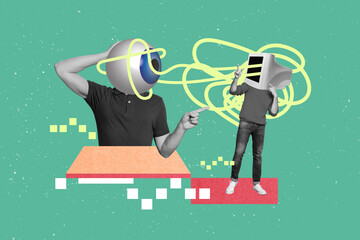 Photo banner collage artwork of young headless man computer monitor internet hacker spying eyeball...