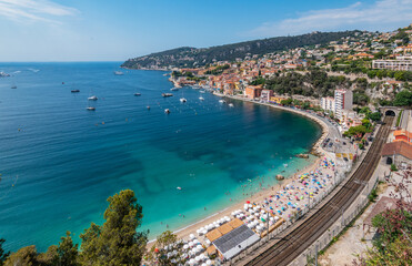 Villefranche-Sur-Mer, France. Aerial view of beach Marinieres and coast landscape. 