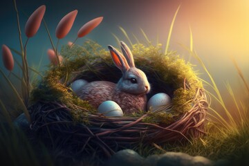Easter bunny with easter eggs. Bunny in a basket of easter eggs, Generative AI