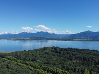 Mountain landscape, picturesque mountain lake in the summer morning, large pano