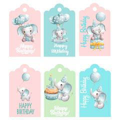 Set of happy birthday gift tags with cute baby animals. Hand drawn watercolor illustration isolated on white background. 
 Designf for baby shower party, birthday, cake, holiday celebration design .