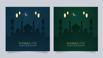 Fototapeta na wymiar Ramadan Islamic Arabic Green and Blue Background with Mosque and Geometric pattern Border