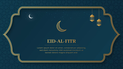 Eid-Al-Fitr Islamic Arabic Blue Luxury Background with geometric Pattern and Lanterns