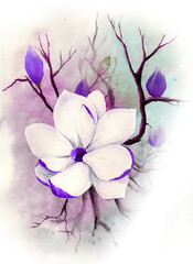  Watercolor picture of purple magnolia flower with crooked branches and some buds