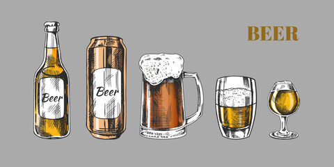 Hand-drawn sketch of beer can, beer bottle, beer glasses and beer mug isolated on white background. Vector vintage engraved illustration.