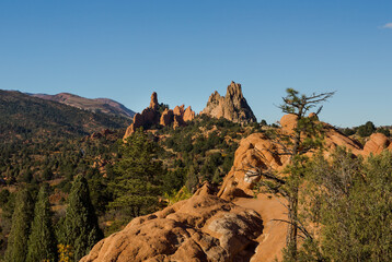 Beautiful view at the Garden of the Gods rocks in golden hour in Colorado Springs