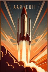 Space rocket launch, vintage poster. Generative ai illustration. - 579768548