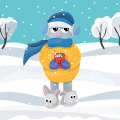 A cat in winter clothes in winter with a mug of hot cocoa. Christmas cat vector caroon illustration.