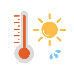 High temperature thermometer and sun and sweat icon set. Summer. Vector.