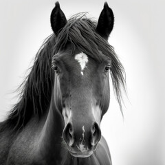 close up black and white photo of a black horse